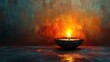 © Digital ArT - Single lit diya oil lamp on dark textured surface with abstract fiery background candle