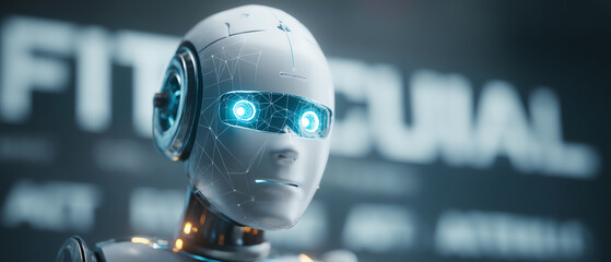 Futuristic humanoid robot with glowing blue eyes and a sleek white metallic head, showcasing advanced artificial intelligence and digital connectivity in a high-tech environment