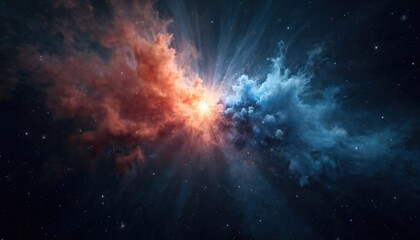 Wall Mural - Vibrant orange and blue nebula expands across deep black space, dotted with numerous stars. Cosmic clouds swirl with light rays, suggesting stellar formation and cosmic events.