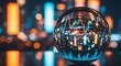© alvi - A reflective crystal ball shows stock market charts and graphs, with a blurred cityscape background of orange and blue lights.