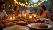 © Viktor - Family gathers for Islamic holiday dinner featuring traditional Arab dishes. Date palms, festive Ramadan decorations create warm ambiance with glowing lanterns, string lights. Middle Eastern cuisine