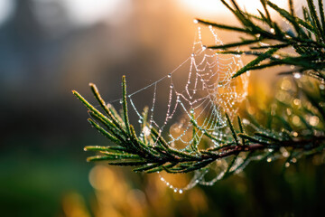 Wall Mural - Macro of dew on spiderweb against morning sunlight