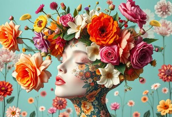 Wall Mural - Surreal floral headpiece; vibrant collage, modern design, retro aesthetic, blooming flowers, contemporary art,  surreal,  petals