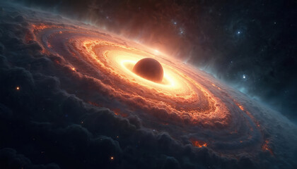 Wall Mural - Vibrant nebula swirling around a dark planet in deep space. Fiery cosmic clouds, intense light, and distant stars create a breathtaking view of a galaxy. Explore the universe mystery and vastness.