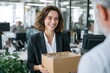 © Ifti Digital - Happy businesswoman receives a food package in a modern office environment during a busy workday