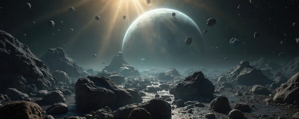Wall Mural - Panoramic deep space illustration featuring asteroid field before dwarf planet. Abstract light rays emanate from bright star, illuminating scattered rocks, cosmic debris. Scene evokes sense of