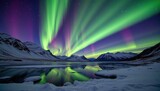 Immersive aurora borealis arctic view, glowing green and purple lights reflecting on icy lake