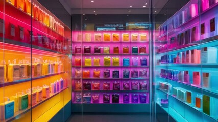 Wall Mural - Explore the stunning arrangement of bright packaging in this video footage. Perfect for advertising or artistic projects. A visual treat that captivates the viewer. Generative AI