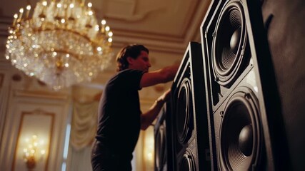 Close medium view of sound engineer securing array speakers behind fabriccovered grill panel in classic ballroom setting crisp focus on main speakers with blurred chandelier and