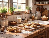 Rustic kitchen counter with fresh baked cookies and milk in cozy natural light.