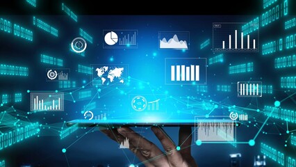 Wall Mural - a person holds a tablet displaying a stunning digital interface filled with data visualizations, gra