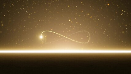 Sticker - infinity symbol on golden background with ground and flying particles loop motion background.mp