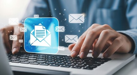 Person using laptop with email icons and notifications
