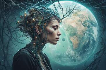 Wall Mural - Neural Symbiosis with Earth. Generative AI.