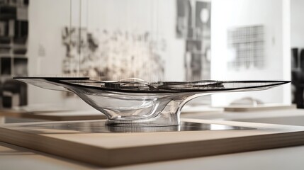 A transparent art piece, bowl-like, on display. Gallery background shows abstract imagery