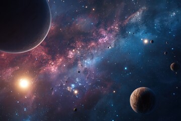 Wall Mural - Exploring cosmic wonders in a vibrant universe filled with nebulae, planets, and swirling galaxies