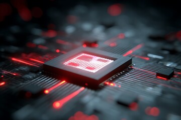 futuristic glowing computer chip with red light streams signifying innovation and speed