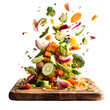 © Sadia - Fresh mixed vegetables exploding upwards from wooden cutting board isolated on transparent background