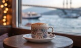 Enjoy flavorful Turkish Salep drink in a charming cafe with a stunning view of the Bosphorus bridge