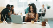 © peopleimages.com - Smartphone, laptop and businesswoman in office with coffee for networking, contact or communication. Coworking, computer and female creative editor with phone for research on mobile app in workplace.
