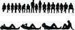© Hello World - Group of people sitting, relaxing, lying down, silhouettes on white background, casual poses, friendship, social interaction, diverse community, leisure lifestyle, teamwork, resting moments