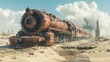© ProPhotos - Post-apocalyptic wasteland with a rusted train half-buried in mud, broken form of a relic from a world long gone, decaying metal shell among overgrown terrain.