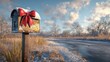 © ProPhotos - Deep snow and frosted trees with a festive mailbox wrapped with a red bow in the center of a white winter wonderland, a perfect space for Christmas cards and presents.
