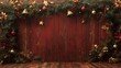 © ProPhotos - A rustic wooden wall decorated with elegant gold and red holiday decorations, including ribbons, bells, and stars, with an empty space in the middle designed for an advertisement or greeting.