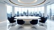 © Tahir - A modern conference room with a large round table and city view through panoramic windows