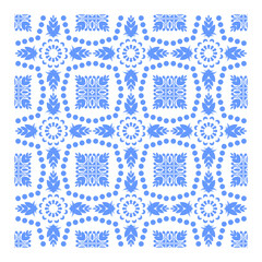 Naklejka na meble Intricate Blue and White Floral Pattern, Traditional Batik Inspired Design, Seamless Geometric Floral Tile