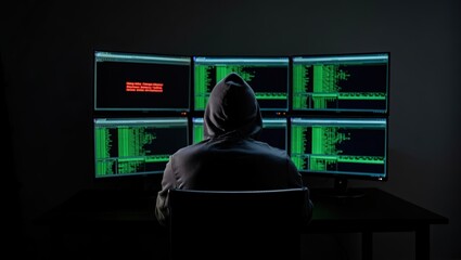 Anonymous hacker in a dark room illuminated by multiple computer screens displaying code