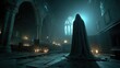 © Thamonchanok - Ghostly female apparition appearing near concept. A mysterious figure shrouded in darkness within an ancient church.
