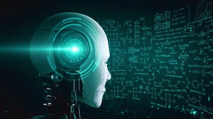 Wall Mural - hominoid ai robot looking at hologram screen in concept of math calculation and scientific equation 