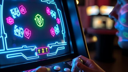 Gamer Plays Retro Arcade Game with Neon Lights.