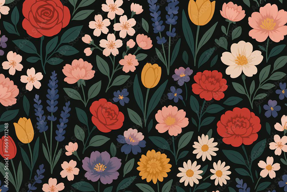 Colorful floral seamless pattern with roses, tulips, daisies, and ...