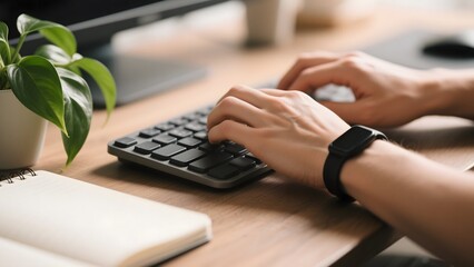 Typing on keyboard office work from home desk setup remote work employee productivity