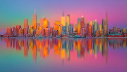 Wall Mural - Colorful city skyline reflected in water at sunrise
