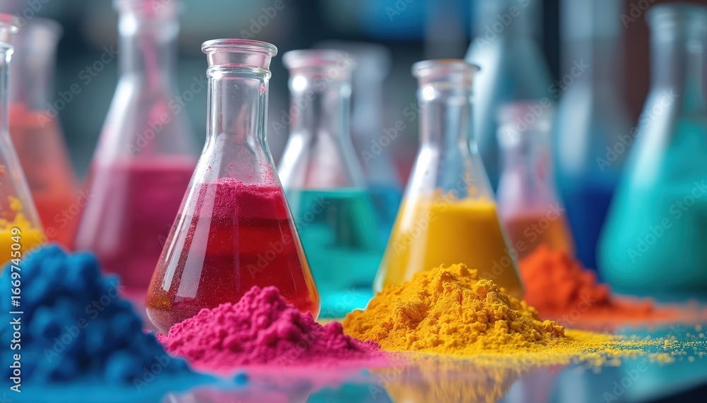 Colorful powders and liquids in lab flasks. Vibrant magenta, cyan ...