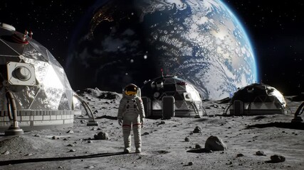 Wall Mural - Astronaut stands on moon surface with Earth in background