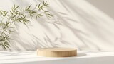 Minimalist wooden podium for product display with bamboo leaves and shadows in sunlight, perfect for cosmetic and beauty presentation and natural theme