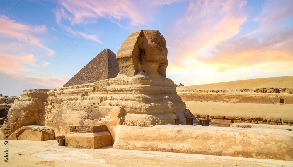 The Great Sphinx of Giza and Pyramid at Sunset. Stock Photo | Adobe Stock