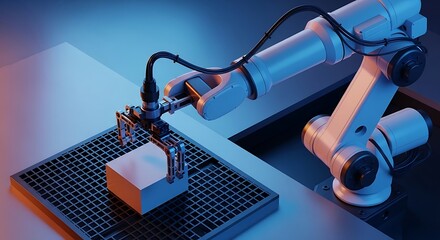 A robotic arm manipulates a cube-shaped object on a gridded surface, illuminated by vibrant neon lighting.