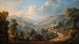 An opulent impasto oil painting in the baroque style of Dutch Golden Age still life, featuring a majestic a serene landscape with a winding road disappearing into misty mountains.