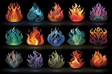 Wall Mural - colorful flame icon set with artistic swirling designs in various shapes and hues on black backgroun