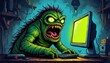 © ซัรริฮา เวาะแมะ - technophobic illustration create a striking image of a monster in shock, reacting to the content on a puter screen, the fear of technology is evident in its expression