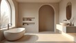 © Maryna - Minimalist bathroom features clean lines, monochromatic neutral tones, functional fixtures. Serene atmosphere with smooth concrete floors, sleek arched doorways, modern vanity with oval mirror.