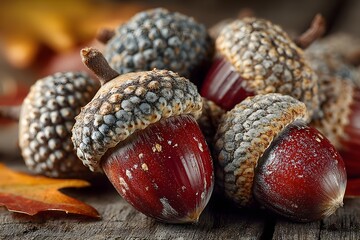 Wall Mural - Autumn Acorn Bounty on Rustic Wooden Tabletop for Seasonal Decoration and Design