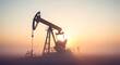 © umi - A large oil pump jack stands silhouetted against a soft, warm sunrise, bathed in golden light, in a misty, tranquil setting.