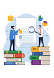 © Malcom - Analyzing document content with magnifying glass over stacked books and charts