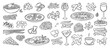 © MicroOne - Doodle italian food. Tasty cuisine of italy. Pizza pasta seafood meals and drinks. Traditional cafe or restaurant dishes, lunch dinner neoteric vector elements